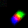 A still frame of the white square separating into red, green and blue blocks.